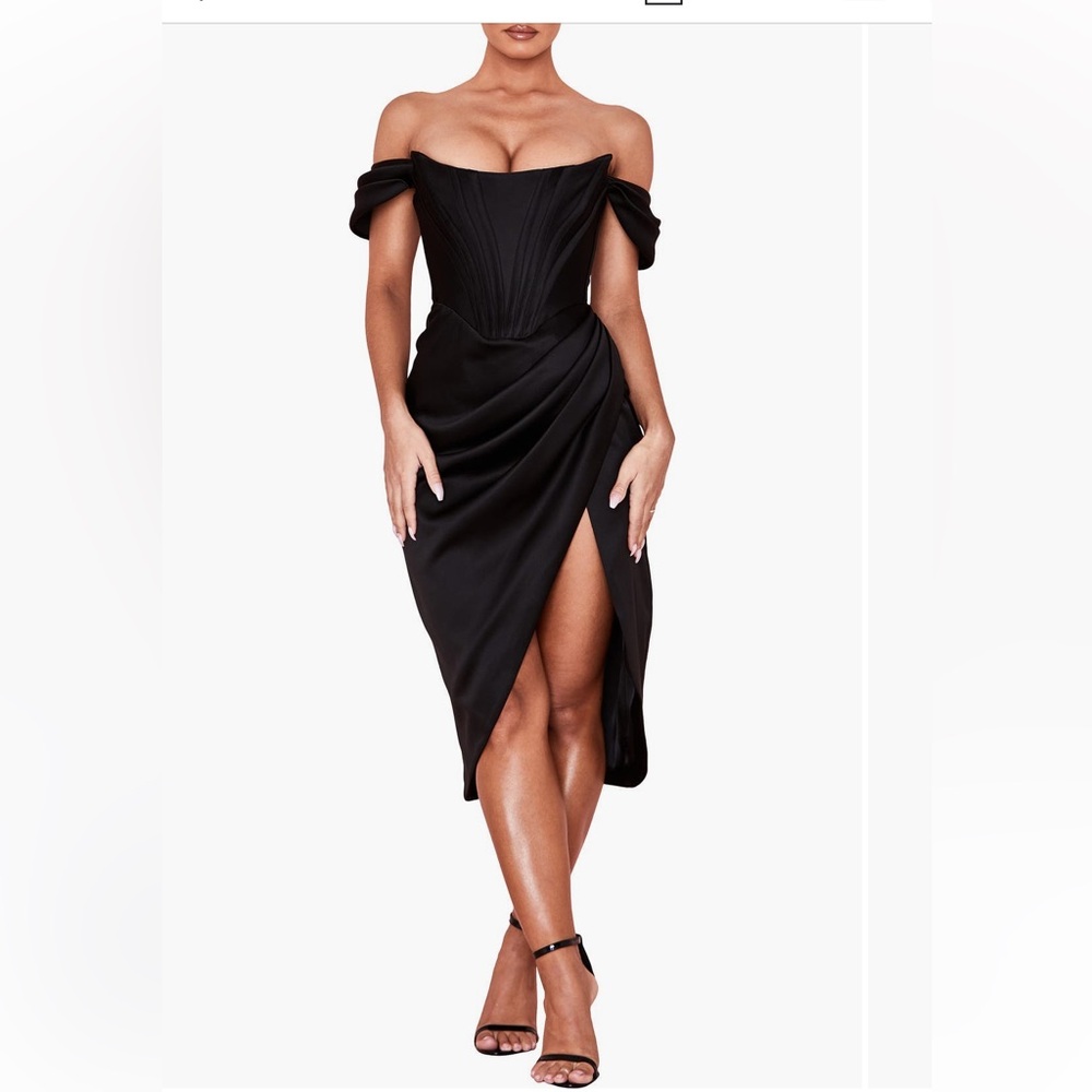 HOUSE OF CB 'Janis' Black Satin Corset Midi Dress NWOT